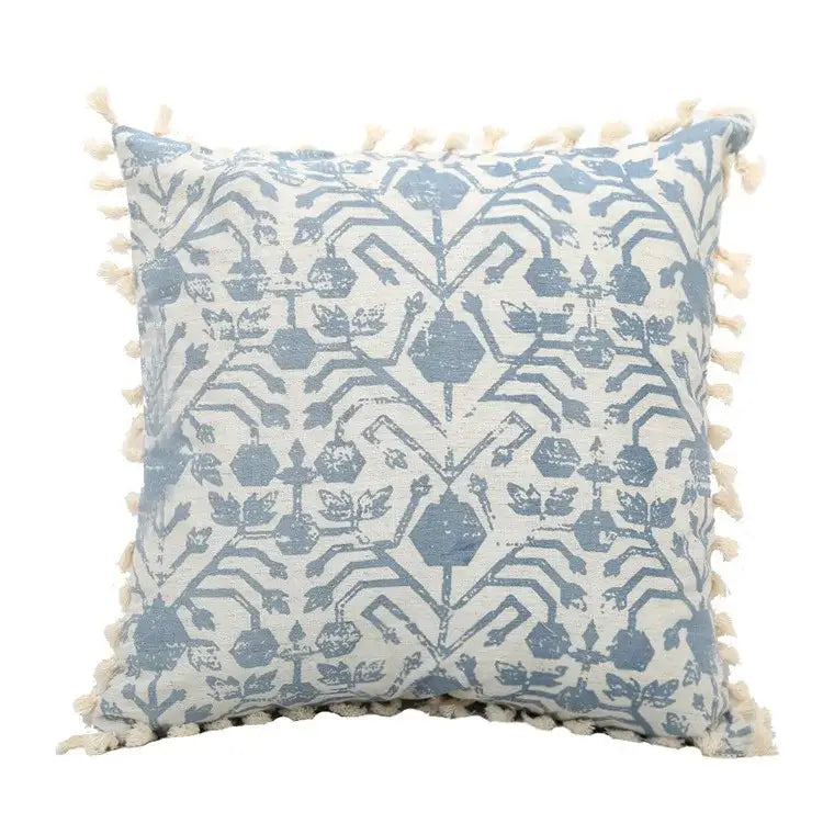 Boho blue and white cushion cover with cream tassels featuring decorbites blue tassel design for living room decor