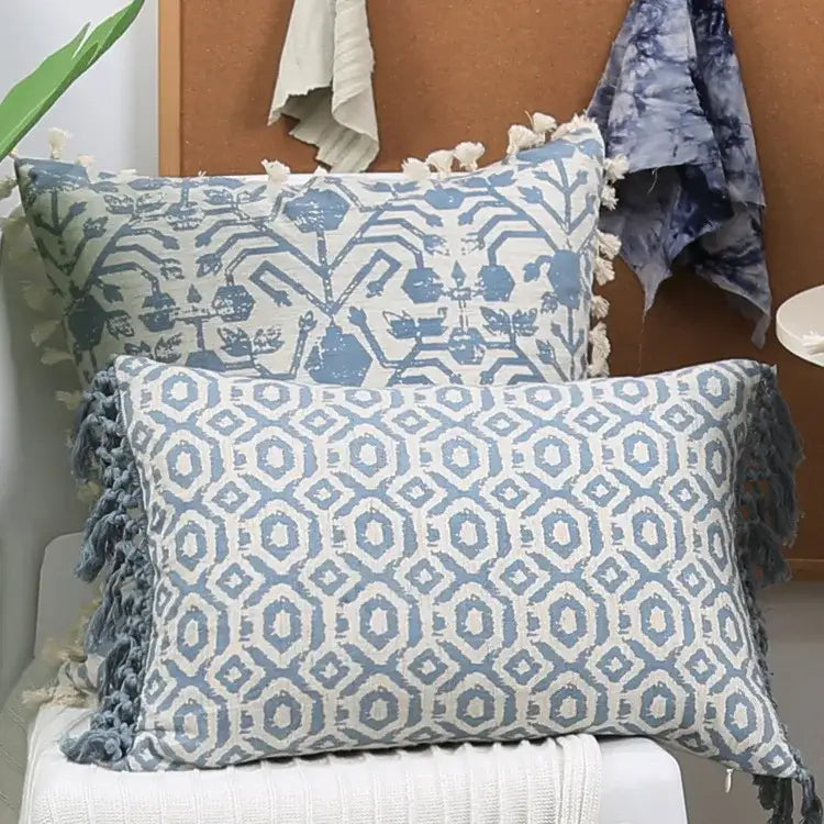 Boho blue and white tassel cushion cover featuring a patterned design for living room decorbites blue tassel decor