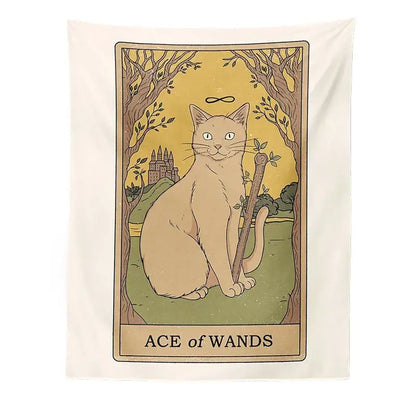 Beige boho cat divination tapestry with illustrated ace of wands tarot card featuring sitting feline for bedroom wall decor