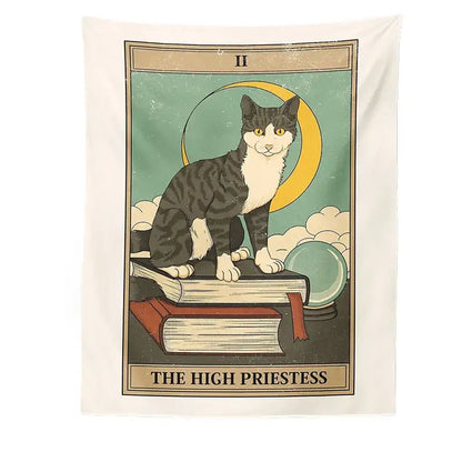 Boho cat divination tapestry featuring a black and white tabby on books in a divination tarot card design wall decor