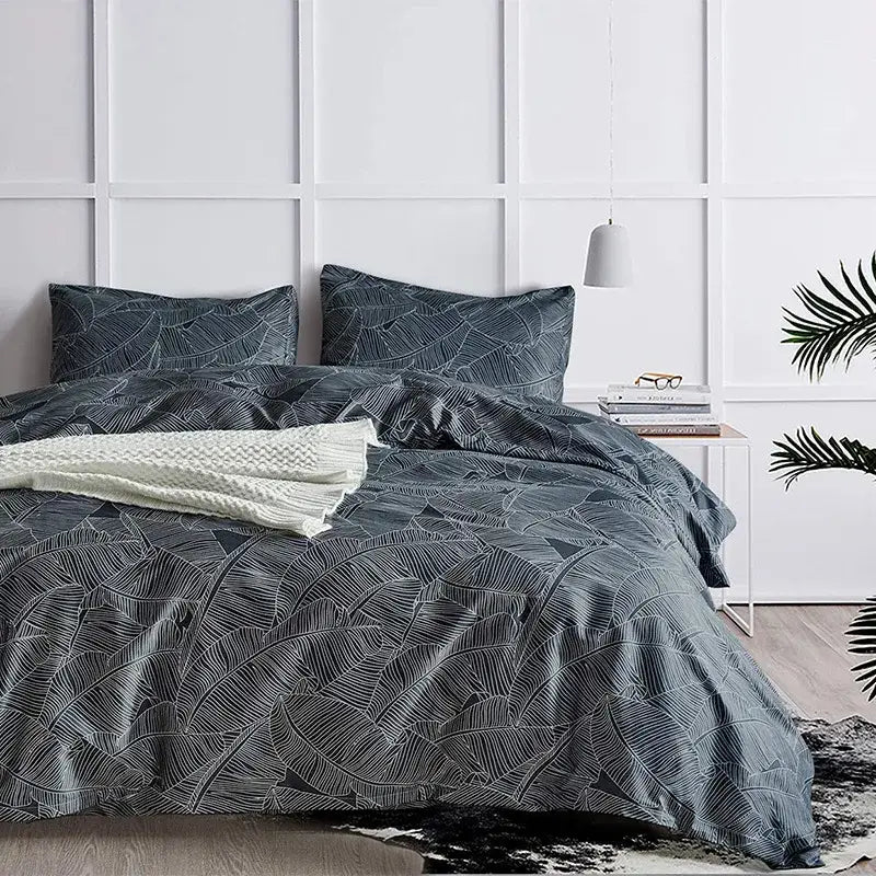 Boho chic dark gray duvet set with subtle white leaf pattern and soft fabric matching pillowcases decorbites bedding set