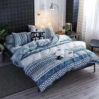 Boho chic decorbites bedding set featuring blue and white geometric patterned duvet cover for stylish bedroom decor