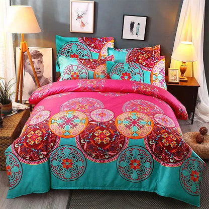 Vibrant pink and teal patterned bedding set with intricate red orange gold mandala designs in a decorbites boho chic style