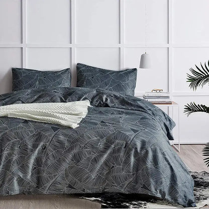 Dark gray duvet bedding set with subtle white leaf pattern and matching pillowcases from decorbites boho chic stripe collection