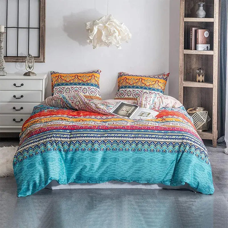 Vibrant turquoise and orange patterned bedding set with intricate geometric designs from decorbites boho chic stripe collection