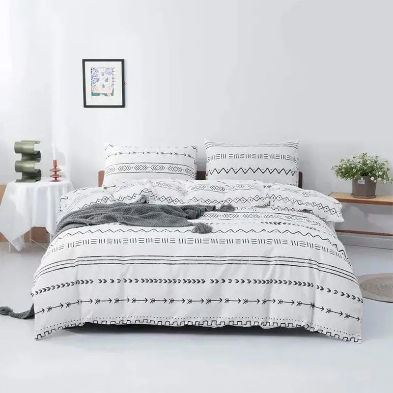 White bedding set with black geometric patterns in decorbites boho chic stripe microfiber snowflake design