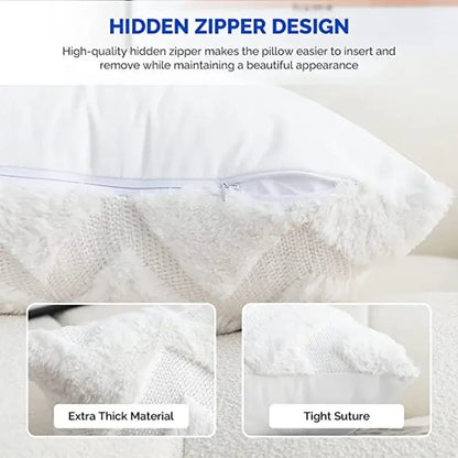 White faux fur chevron boho chic pillow cover with textured fluffy exterior and hidden zipper for easy removal decorbites boho chic pillow