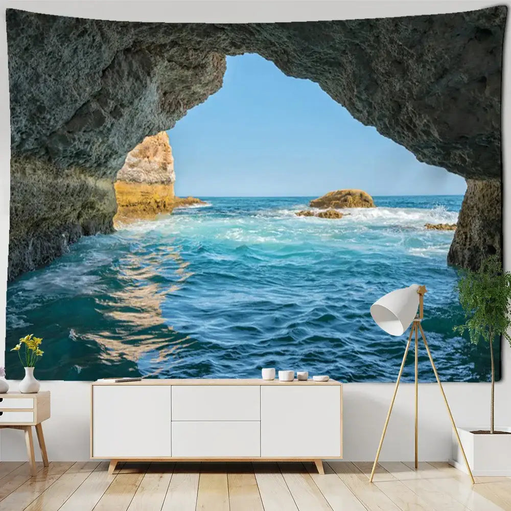 Boho coastal cave tapestry wall hanging featuring a vivid deep blue ocean sea cave for bedroom seaside decorbites decor