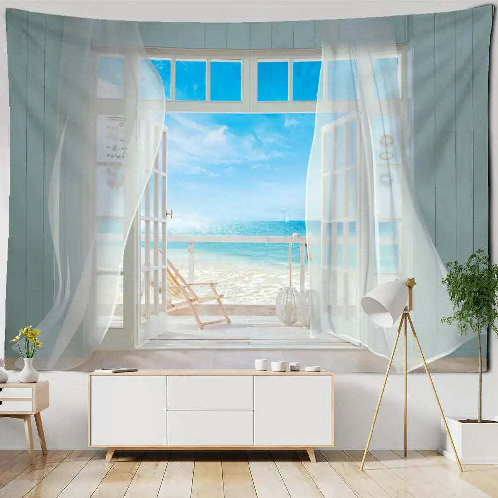Boho coastal cave tapestry wall hanging in light blue with sheer white curtains showing turquoise ocean decorbites coastal cave