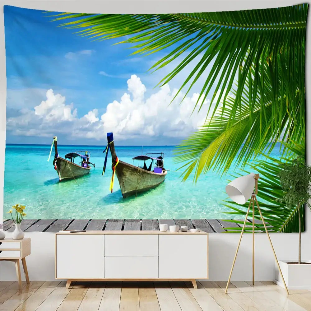 Vibrant boho coastal cave tapestry wall hanging featuring wooden longtail boats in turquoise water with lush palm fronds