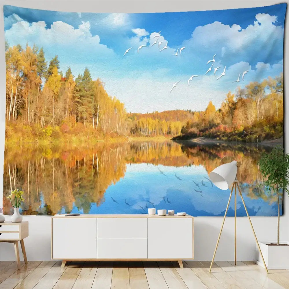 Boho coastal cave tapestry wall hanging with vibrant golden trees reflective lake and white birds for seaside decorbites decor