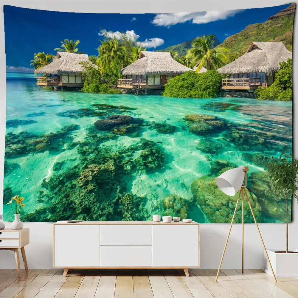 Vibrant turquoise boho coastal cave tapestry wall hanging featuring thatched huts for bedroom seaside decorbites decor