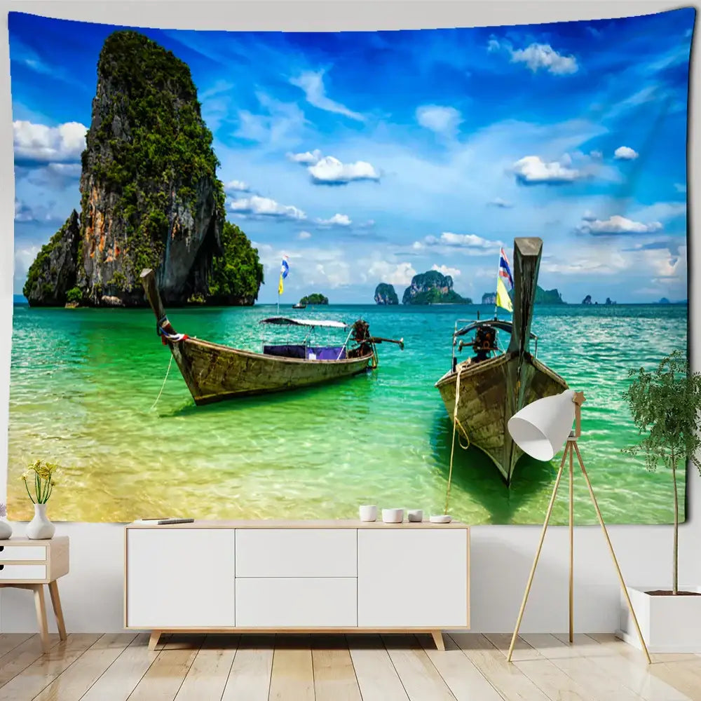 A vibrant boho coastal cave tapestry wall hanging featuring wooden longtail boats and turquoise waters for bedroom decorbites coastal cave decor