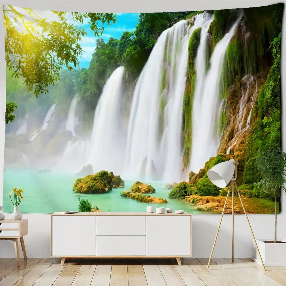 Vibrant green and white coastal cave tapestry wall hanging from decorbites perfect for bedroom seaside decor