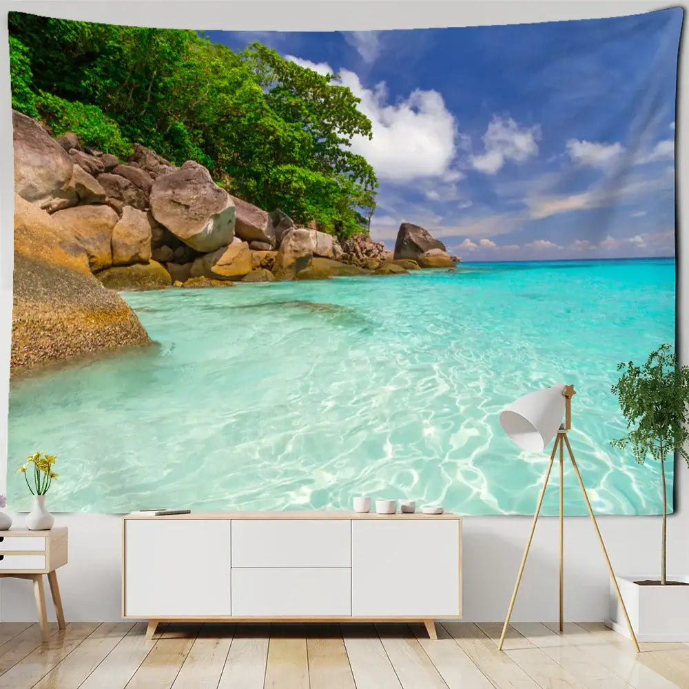 Bohob coastal cave tapestry wall hanging features vibrant turquoise beach scene with lush trees and rocky shores decorbites coastal cave