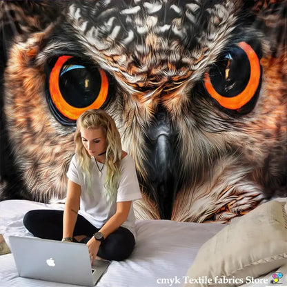 Bohobites colorful owl tapestry wall hanging features a large detailed owl with vivid orange eyes and textured brown feathers for bedroom decor