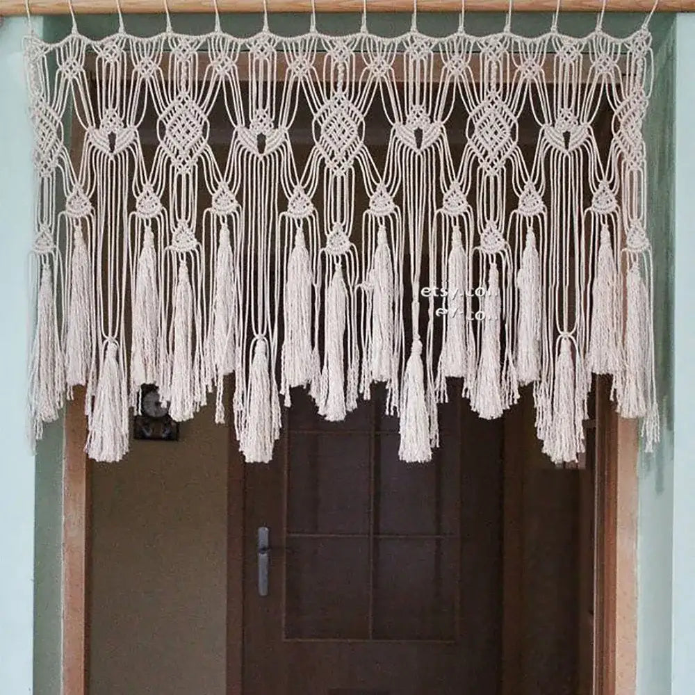 Cream-colored boho cotton wove door curtain with intricate macrame knotwork and tassels for bedroom decorbites decorbites boho cotton