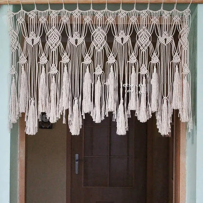 Cream-colored boho cotton wove door curtain with intricate macrame knotwork and tassels for bedroom decorbites decorbites boho cotton