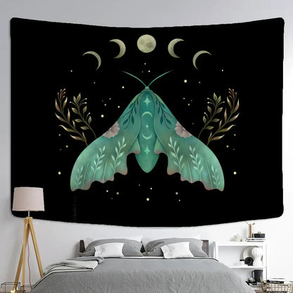 Boho cream and green butterfly tapestry featuring a teal moth with leafy patterns and crescent moons for decorbites butterfly tapestry decor