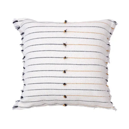 Boho cream and black decorbites handmade cotton woven cushion with frayed edges and tassels for living room decor