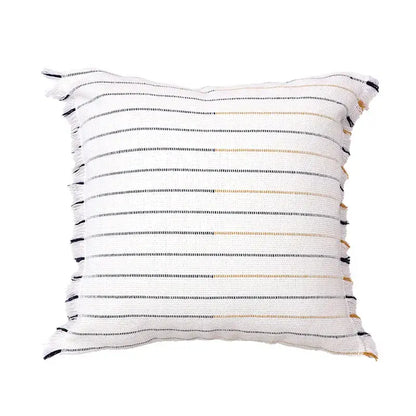 Boho cream and black handmade cotton woven cushion with textured black and beige stripes and frayed edges for living room decor