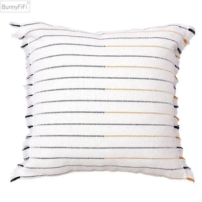 Boho cream and black decorbites handmade cotton woven cushion with horizontal stripes and frayed edges living room pillow