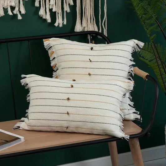 Boho cream and black handmade cotton woven throw pillows with frayed edges and metallic accents for living room decorbites handmade cotton