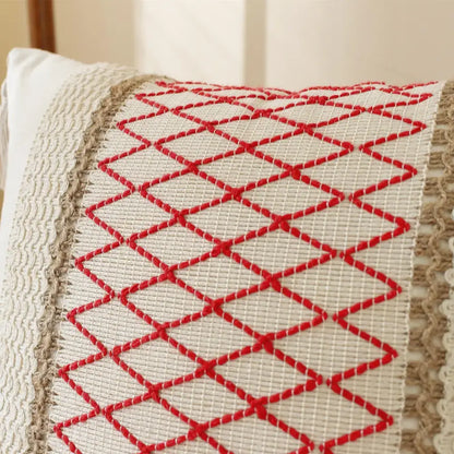 Boho cream and red embroidered woven cushion cover with tasseled textured beige border for living room decor