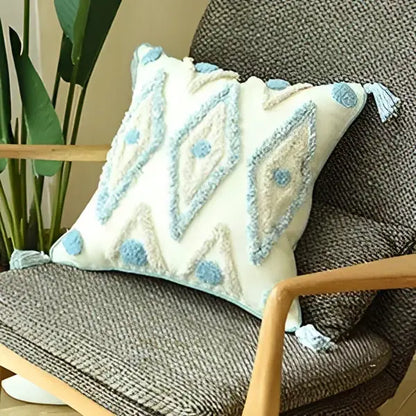 Cream-colored cushion cover with light blue boho blue diamond embroidery and tassels for living room decorbites boho style