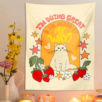 Boho cream cat star strawberry tapestry wall hanging featuring a cute cat star surrounded by strawberries and flowers