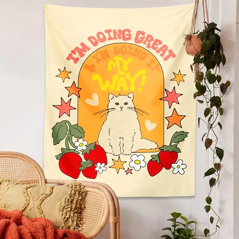 Boho cream cat star strawberry tapestry bedroom wall hanging featuring a cute cat star with daisies and bold text
