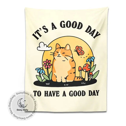 Cream-colored boho cat tapestry with orange tabby, flowers, mushrooms, and sun by decorbites for living room decor