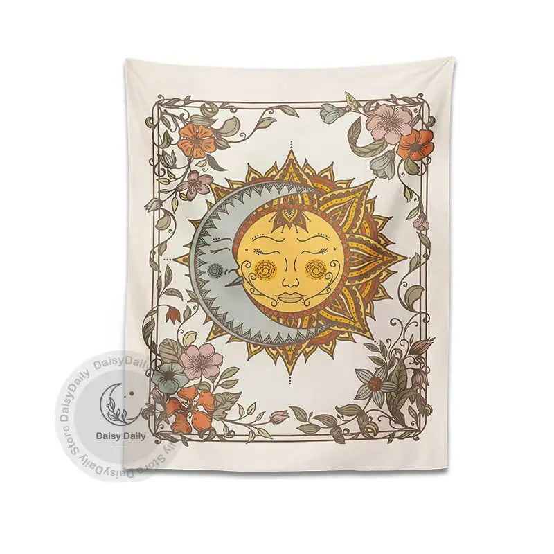 A cream-colored boho celestial sun moon tapestry with ornate smiling faces and floral vines for bedroom decor