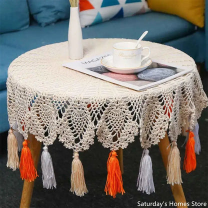 Boho cream cotton macrame tassel wall hanging featuring a crochet tablecloth with lace patterns and colorful tassels decorbites cotton macrame