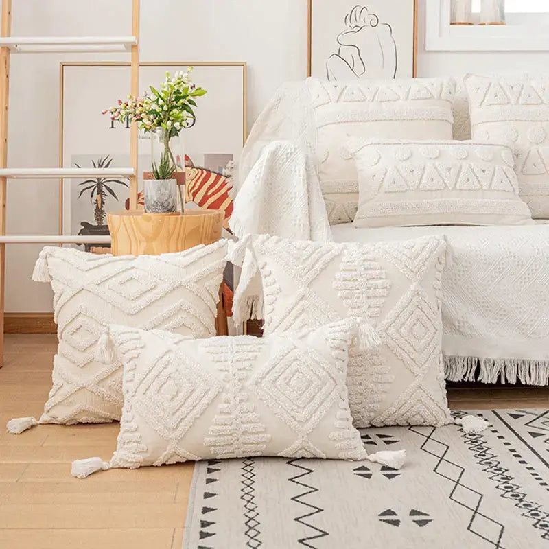 Cream-colored cotton tassels cushion covers with geometric embroidery for boho living room decorbites cotton tassels