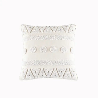 Cream-colored cotton tassels cushion cover with textured white geometric patterns and pom-pom accents for living room decorbites cotton tassels