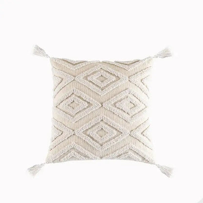 Beige boho cream cotton tassels cushion cover with geometric diamond pattern and tassels for living room decorbites cotton tassels