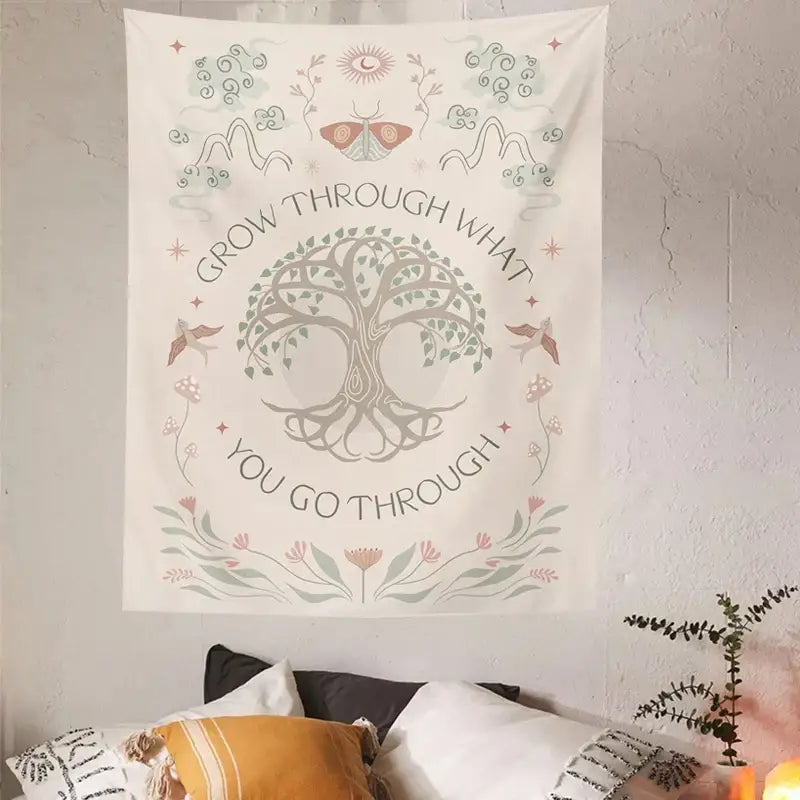A cream-colored decorbites life tree tapestry featuring a tree sun moon design with floral patterns for bedroom wall hanging