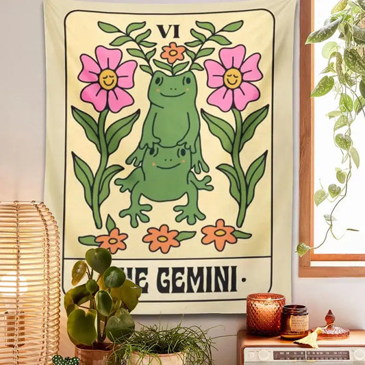Bohob cream gemini frog constellation wall hanging with cartoon frogs and floral design for bedroom decorbites gemini frog