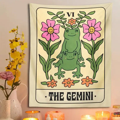 A cream tapestry wall hanging with gemini frog constellation and pink orange flowers for bedroom decorbites decor