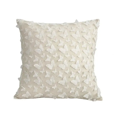 Beige cushion cover with dense 3d white butterfly appliqués lace floral design boho decorbites boho white pillow