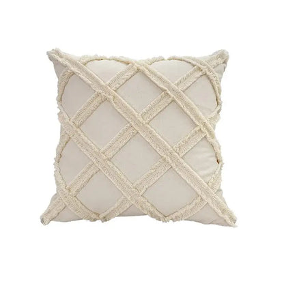 Cream-colored square cushion cover with textured frayed lace floral lattice pattern decorbites boho white design
