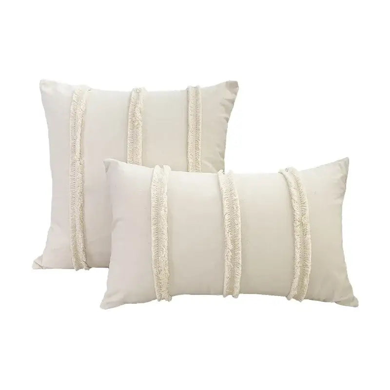 Cream-colored boho white lace floral cushion cover with three vertical fringed strips for living room decorbites pompom pillow