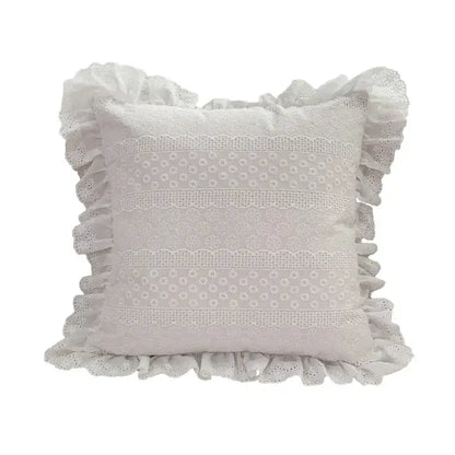 Boho cream lace floral cushion cover with white lace pillow featuring ruffled edges and delicate embroidery decorbites boho white