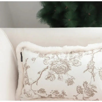 Cream-colored geometry tufted cushion cover with gray floral pattern and white fleece border for decorbites boho leaf decor
