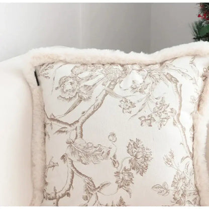 Boho cream leaf geometry tufted cushion cover with delicate gray floral pattern and plush faux-fur trim decorbites boho leaf