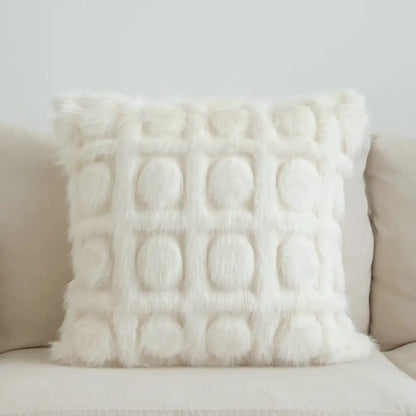 White faux fur cushion cover with textured grid of raised pom-poms decorbites boho leaf geometry tufted cushion decor
