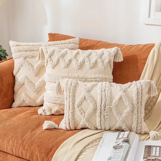 Cream-colored boho cotton pillow cover with textured woven geometric patterns and tassels for living room decorbites decor