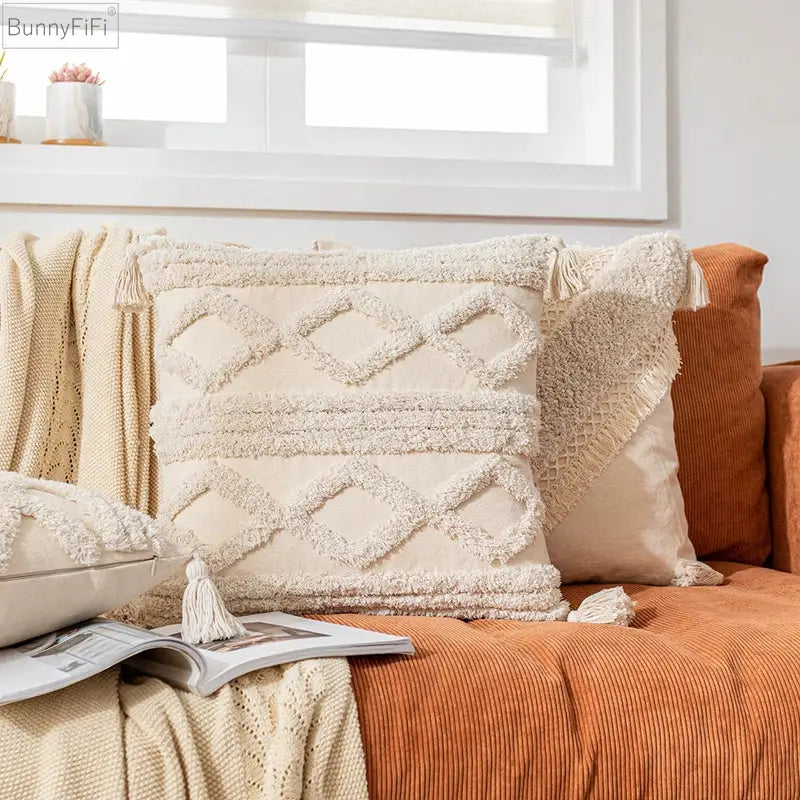 Cream-colored boho cotton tassel pillow cover with textured diamond and stripe patterns for living room decorbites decor