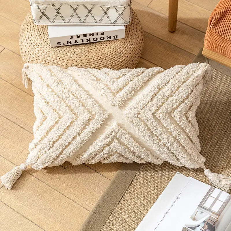 Cream-colored boho cotton tassel pillow cover with geometric texture for living room decorbites boho decor
